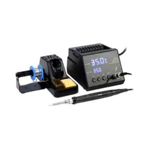 Digital soldering iron station with adjustable temperature display, soldering iron, sponge, and stand for precise electronic soldering tasks.