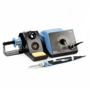 Soldering station with adjustable temperature control, soldering iron, and cleaning sponge, ideal for electronic repairs and precision soldering tasks.