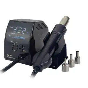 High-precision hot air rework station with digital temperature control and multiple nozzles for electronic soldering and desoldering tasks.