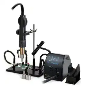 High-precision soldering station with digital temperature control and accessories.