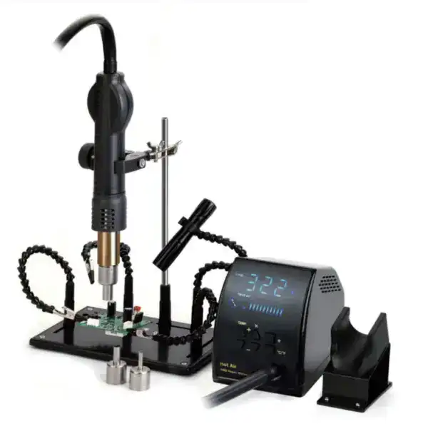 High-precision soldering station with digital temperature control and accessories.