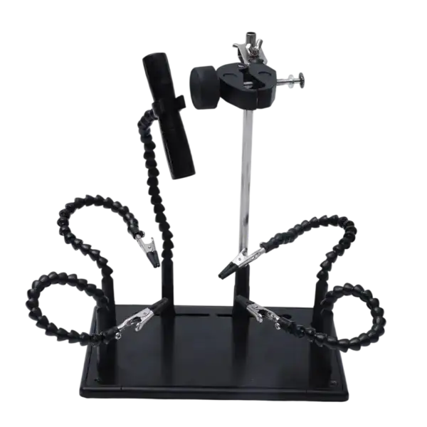High-precision soldering machine setup with flexible arms and adjustable components for detailed electronic soldering tasks.