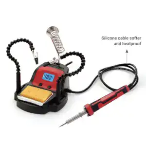 High-precision soldering station with silicone cable, heatproof handle, and digital temperature display for electronics repair and soldering projects.