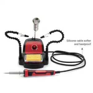 High-quality soldering station with adjustable temperature control, silicone cable softer, and heatproof cover for safe and efficient electronic repairs.