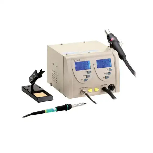 High-precision rework station with dual digital displays, soldering iron, hot air gun, and accessories for electronic component rework and repair.