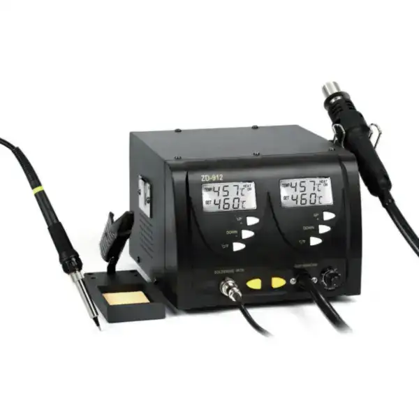 Dual soldering station with two digital temperature displays, adjustable settings, and ergonomic soldering irons for electronics repair and rework tasks.