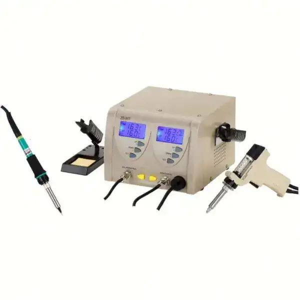 High-precision 2-in-1 soldering station with dual digital displays and adjustable temperature settings for electronics repair and soldering projects.