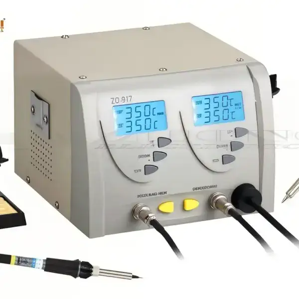 Dual-channel soldering station with digital temperature display.