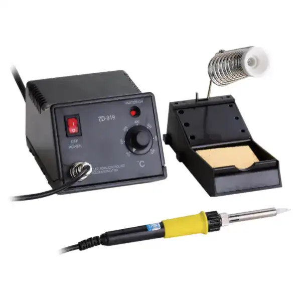 High-quality soldering station with hot air rework tool, adjustable temperature control, and soldering iron for electronics repair and assembly.