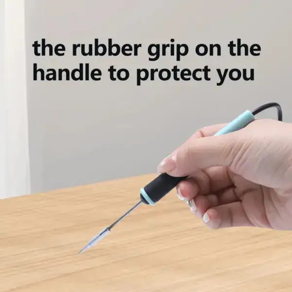 Soldering iron with rubber handle for comfortable grip and precise control, ideal for electronics repair and soldering tasks.