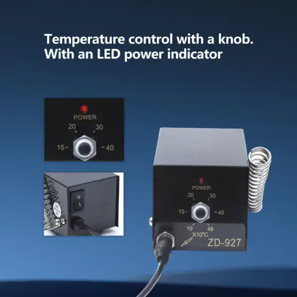 High-quality soldering station featuring a digital temperature knob, LED power indicator, and a flexible metal stand for safe and efficient soldering tasks.