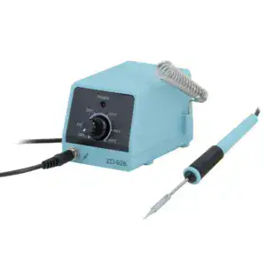ESD safe soldering station with adjustable temperature control and soldering iron.