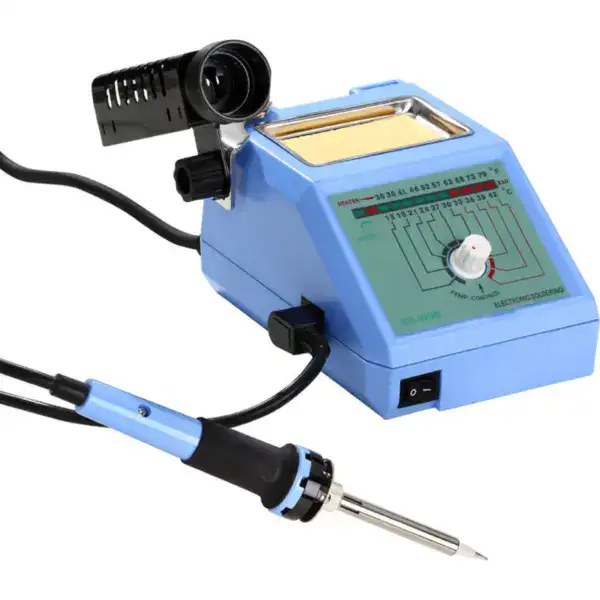High-precision soldering iron station with adjustable temperature control and digital display, ideal for electronics repair and manufacturing.