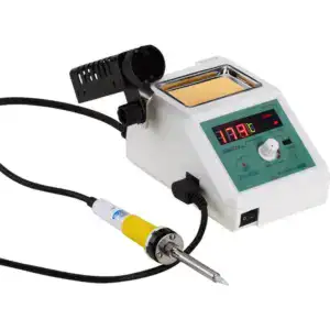 High-precision soldering station with digital temperature control and hot air tool for electronics repair and assembly.