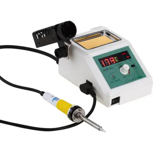High-precision soldering station with digital temperature control and hot air tool for electronics repair and assembly.