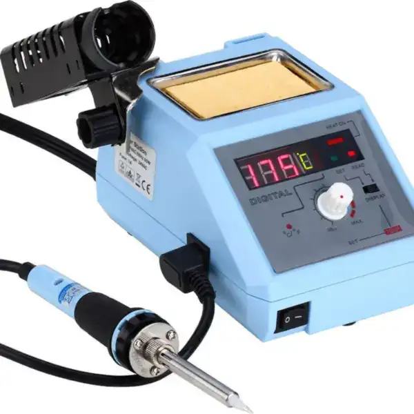 High-precision digital soldering station with adjustable temperature control and hot air tool for electronics repair and assembly.