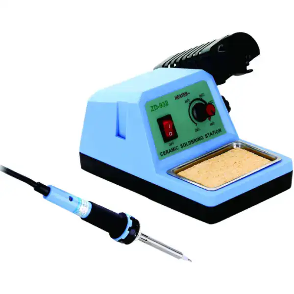 Electric soldering station with adjustable temperature control and soldering iron for precise electronic component assembly and repair.
