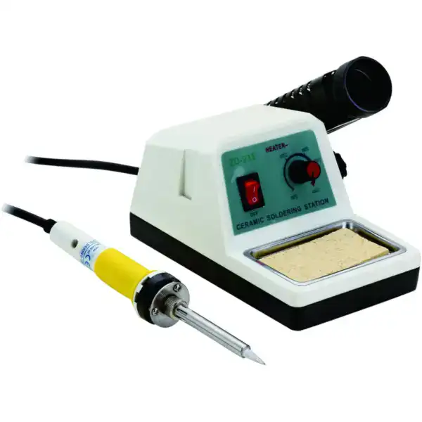 Soldering station with adjustable temperature control, heating element, and soldering iron for precise electronic component assembly and repair.