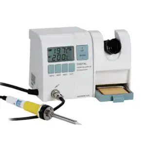 Esd soldering station with digital temperature control, featuring a soldering iron and adjustable settings for precise electronic component soldering.