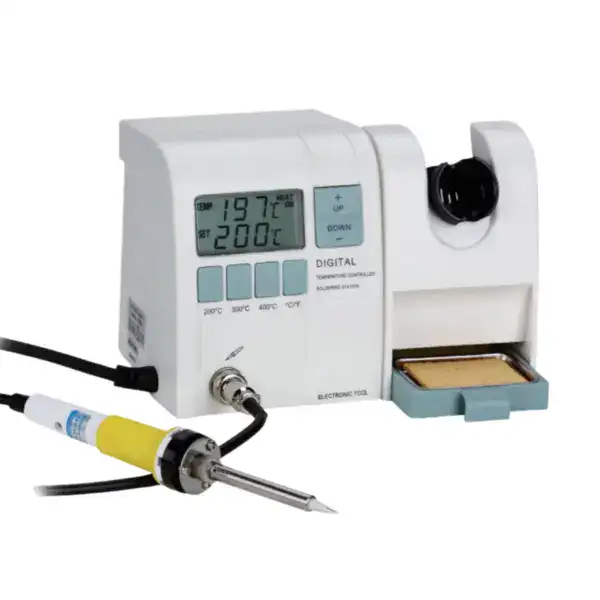Esd soldering station with digital temperature control, featuring a soldering iron and adjustable settings for precise electronic component soldering.