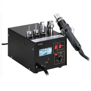 Hot air soldering station with digital temperature control and adjustable airflow for precise electronic soldering and desoldering. Ideal for circuit board repair and component removal.