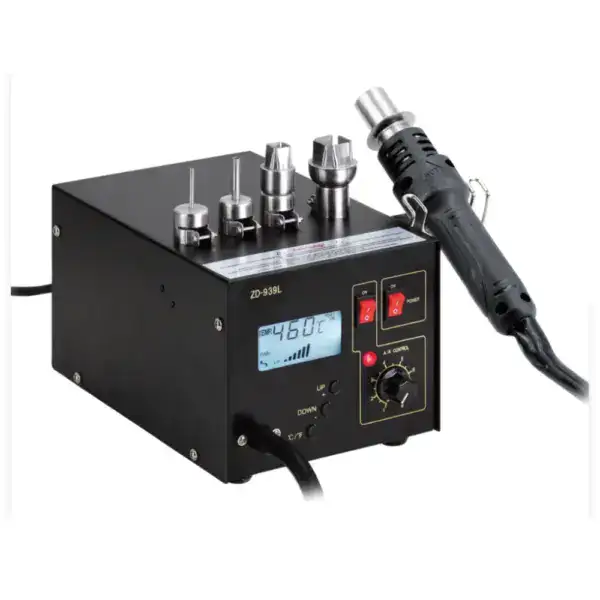 Hot air soldering station with digital temperature control and adjustable airflow for precise electronic soldering and desoldering. Ideal for circuit board repair and component removal.