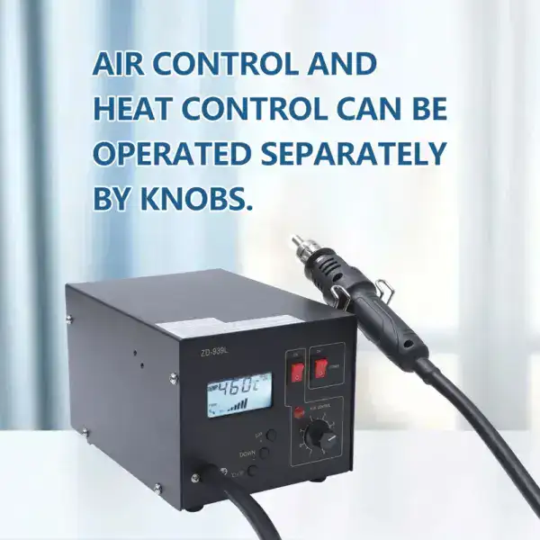 Portable hot air soldering station with adjustable temperature and airflow control.