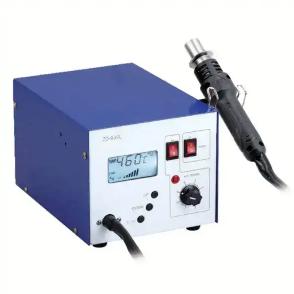 High-precision hot air soldering station with digital temperature control and adjustable airflow, ideal for electronics repair and soldering tasks.
