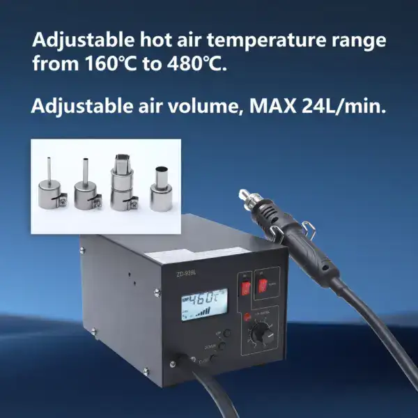 Adjustable hot air station with temperature control from 160°C to 480°C, featuring an adjustable air volume up to 24L/min, ideal for precise soldering and rework tasks.
