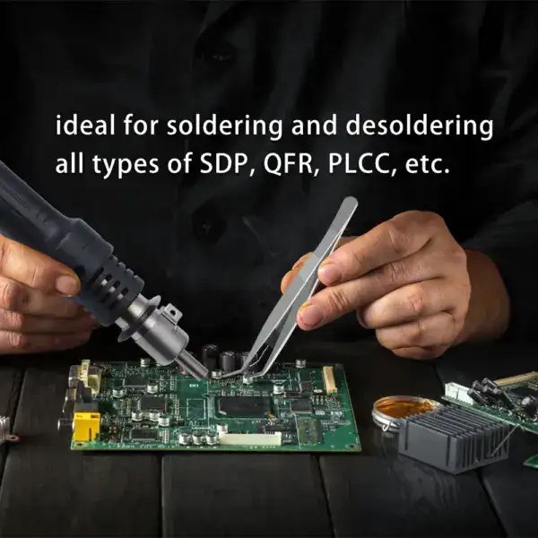 High-quality hot air station for precise soldering and desoldering of electronic components like SDP, QFR, and PLCC. Ideal for professional electronics repair and assembly.