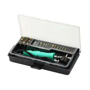 Wood burning kit with soldering iron and tips for pyrography projects. Perfect for beginners interested in creating art on wood surfaces with ease and precision.