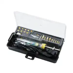 Wood burning kit with soldering iron and accessories for pyrography projects.
