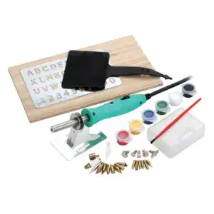 Complete wood burning kit with tools, stencils, and accessories for beginners to start pyrography projects at home.