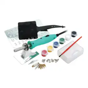 Complete wood burning kit with tools and stencils for beginners. Includes pyrography pen, various tips, stencils, and accessories for creating detailed wood art. Perfect for starting your pyrography p.