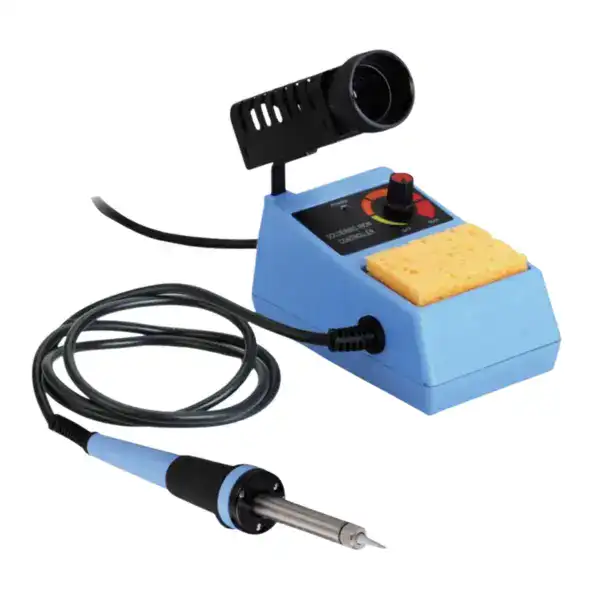 Affordable soldering station with adjustable temperature control and hot air gun for DIY electronics projects.