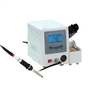 Adjustable soldering station with digital display and temperature regulation.