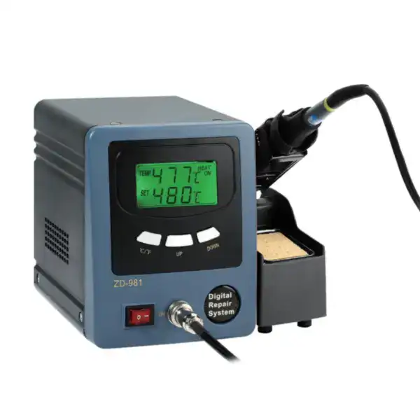 Adjustable soldering station with digital display, temperature control, and ergonomic design for precise electronic repairs and soldering tasks.