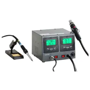 High-quality 2-in-1 soldering station with dual temperature displays and ergonomic iron holder for precise electronic repairs and manufacturing.