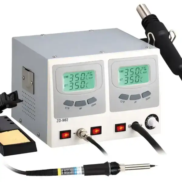 Dual digital soldering station with adjustable temperature controls and LCD displays.