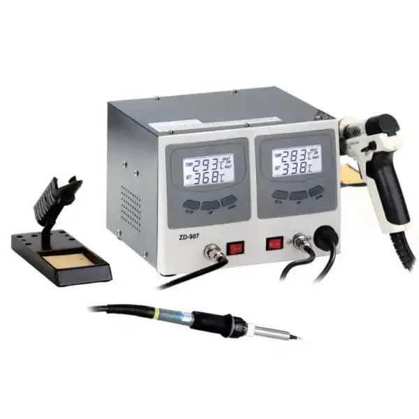High-precision soldering station with integrated vacuum pump for efficient component removal and soldering tasks. Ideal for professional electronics repair and assembly.