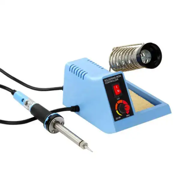 Soldering iron station with temperature control and solder wire reel, ideal for electronics repair and DIY projects. Features a blue base, digital temperature adjustment, and a soldering tip for preci.