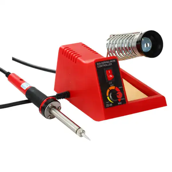 Soldering iron station with temperature control and solder wire reel for electronics repair and soldering projects. Compact design ideal for precise soldering tasks.