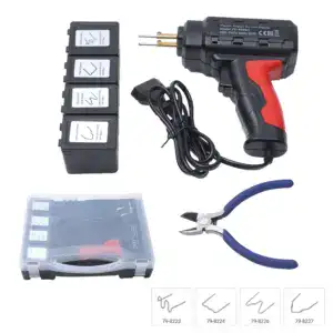 Welding gun with interchangeable tips and accessories for plastic repair and fabrication.