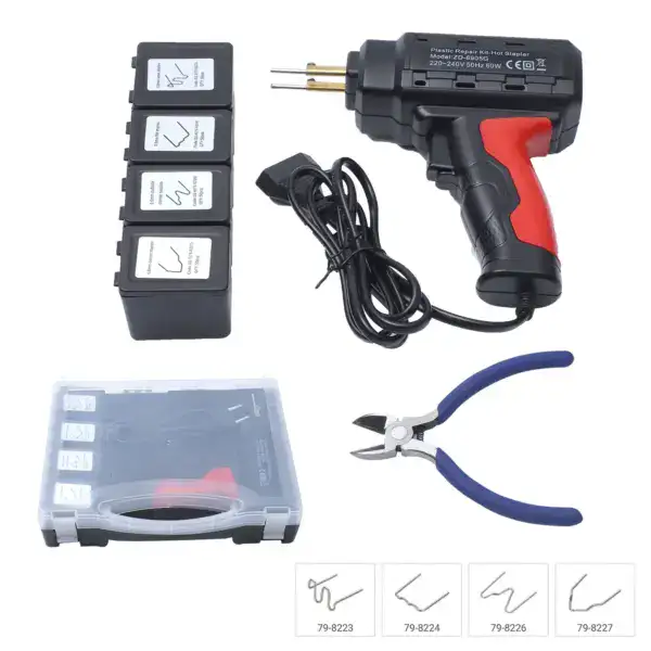 Welding gun with interchangeable tips and accessories for plastic repair and fabrication.
