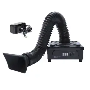 Portable soldering fume extractor with flexible hose and filter system for safe workspace air quality.