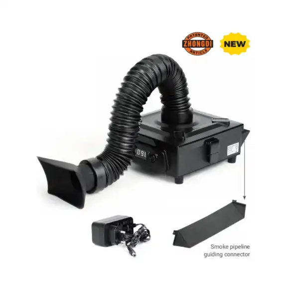 Industrial soldering smoke absorber with flexible pipe, power supply, and guiding connector for efficient fumes extraction.