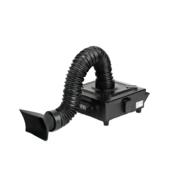 Portable soldering fume extractor with flexible hose for safe soldering environments. Ideal for removing harmful fumes during electronic assembly and repair.