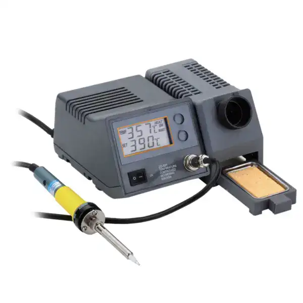 High-precision soldering station with digital temperature control and hot air rework feature.