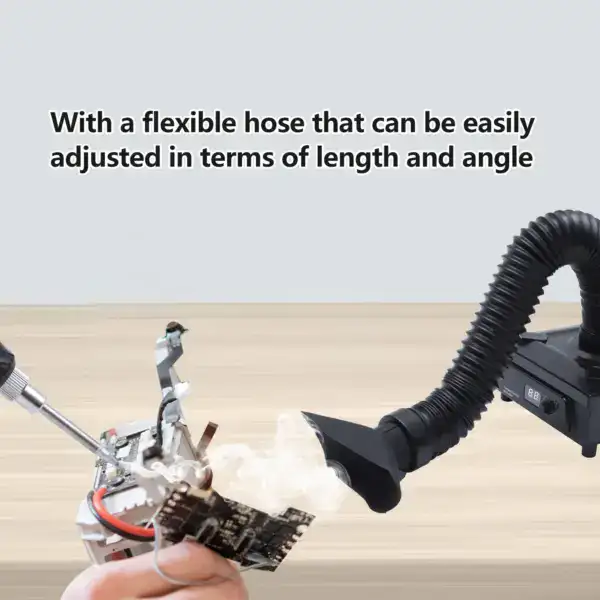High-efficiency soldering fume extractor with adjustable flexible hose for removing harmful fumes.