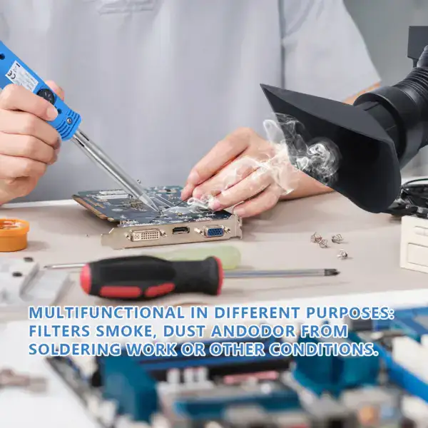 High-efficiency soldering fume extractor capturing smoke and dust.
